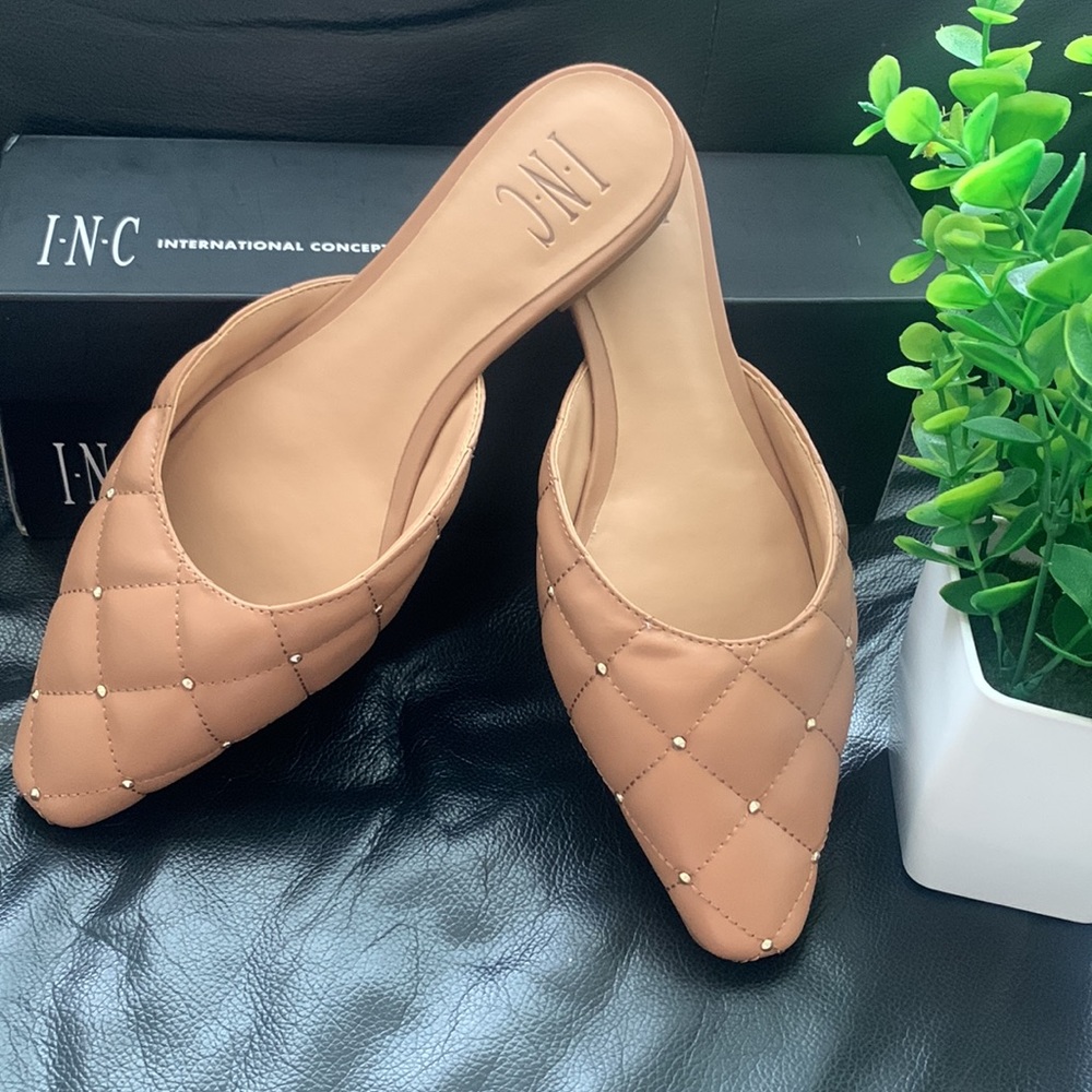 Inc Womens Brown Studded Square-Pointed Quilted Padded Toe Block Slip on Mules